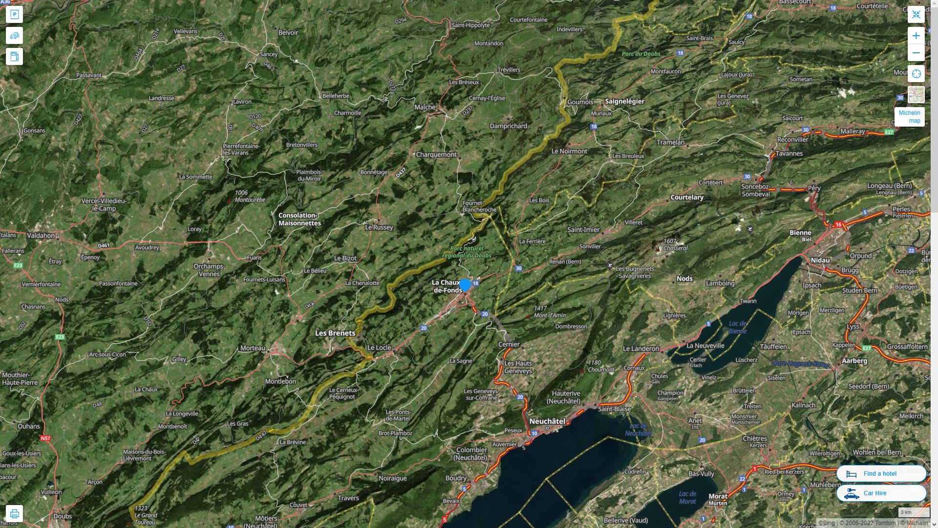 La Chaux e Fonds Suisse Autoroute et carte routiere avec vue satellite